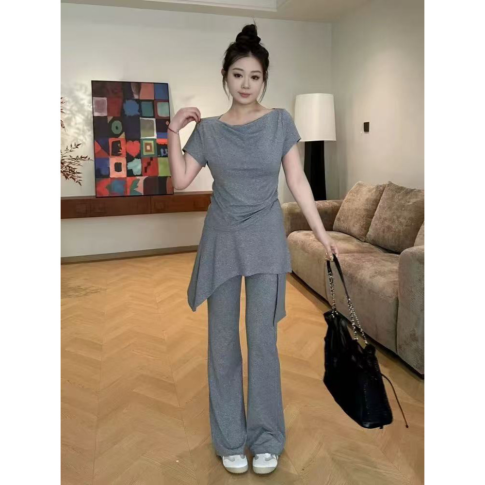 大码不规则上衣屁帘裤两件套女2026新款胖mm显瘦运动休闲时尚套装图片
