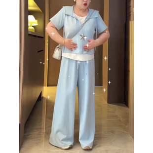 一整套 两件套女胖mm梨型身材巨显瘦夏装 大码 假两件连帽上衣休闲裤