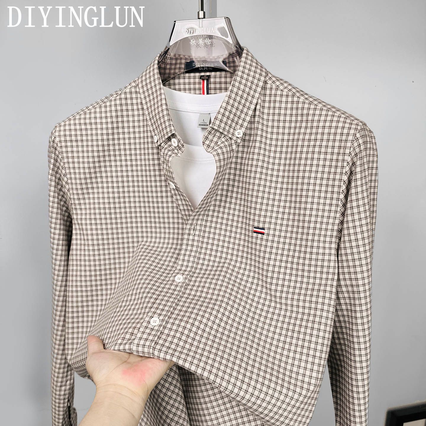 DIYINGLUN男士复古细格长袖衬衫