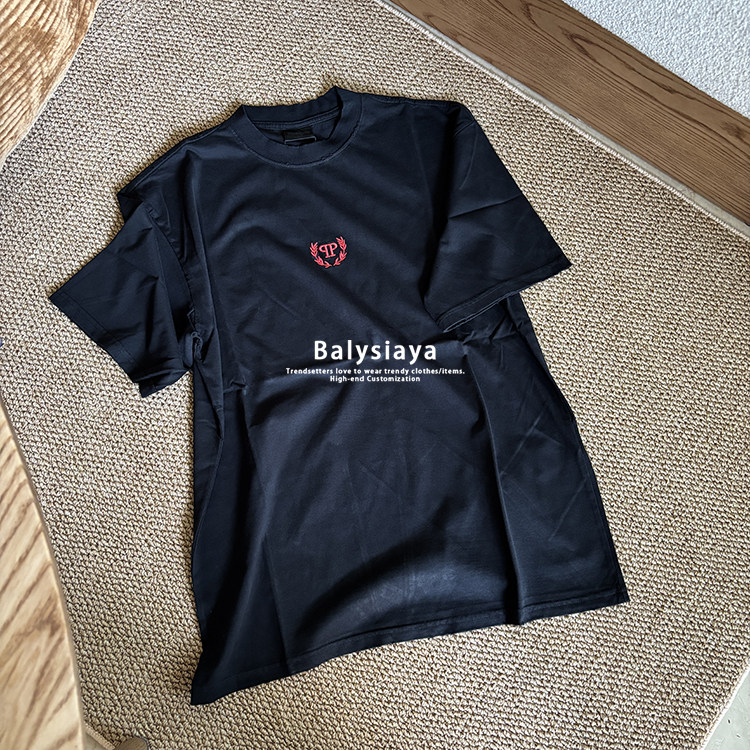 巴黎设计师高定新款刺绣麦穗字母圆领短袖T恤潮流宽松短袖