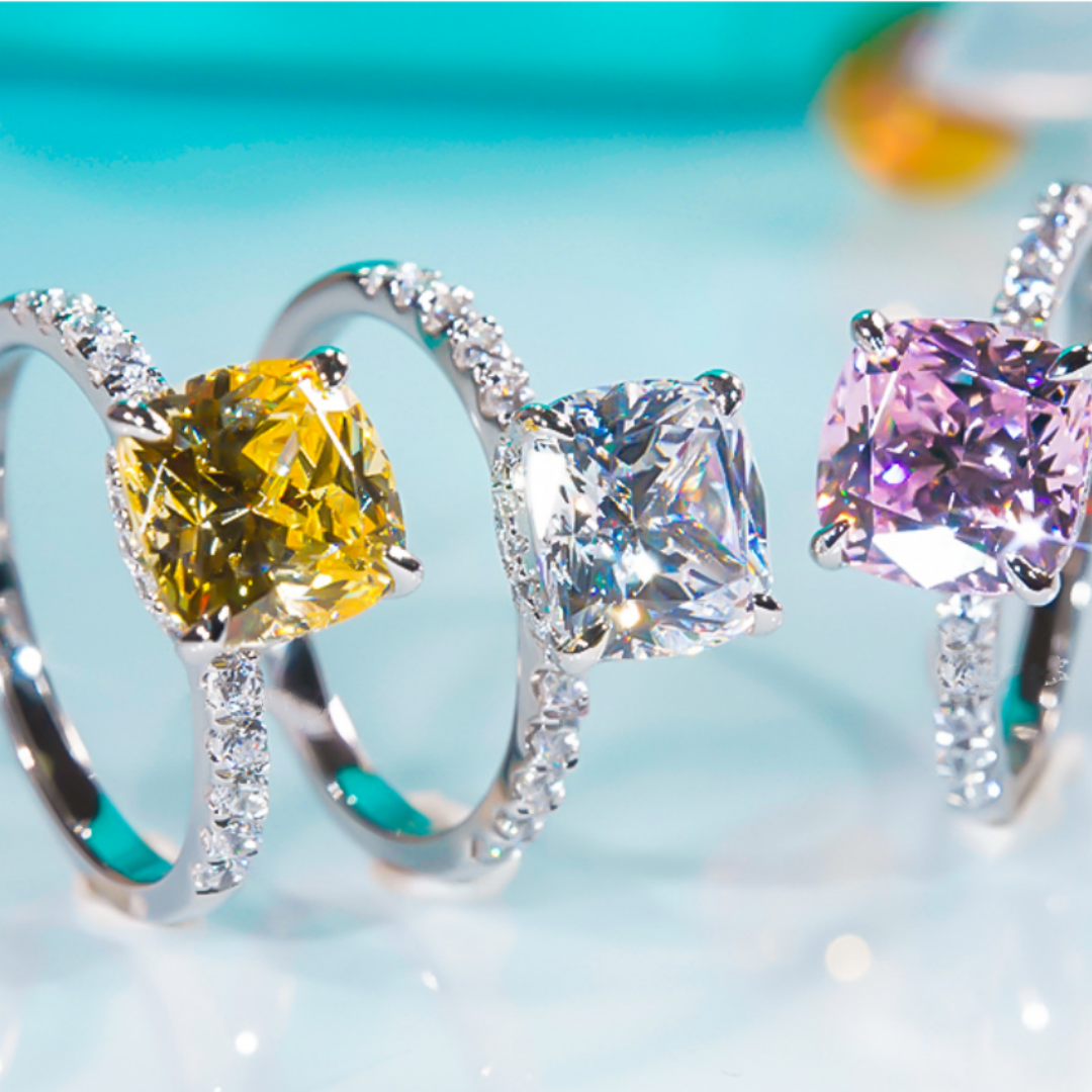 pt950铂金镶嵌进口莫桑钻公主方碎钻彩钻戒指黄钻四爪方糖指环女