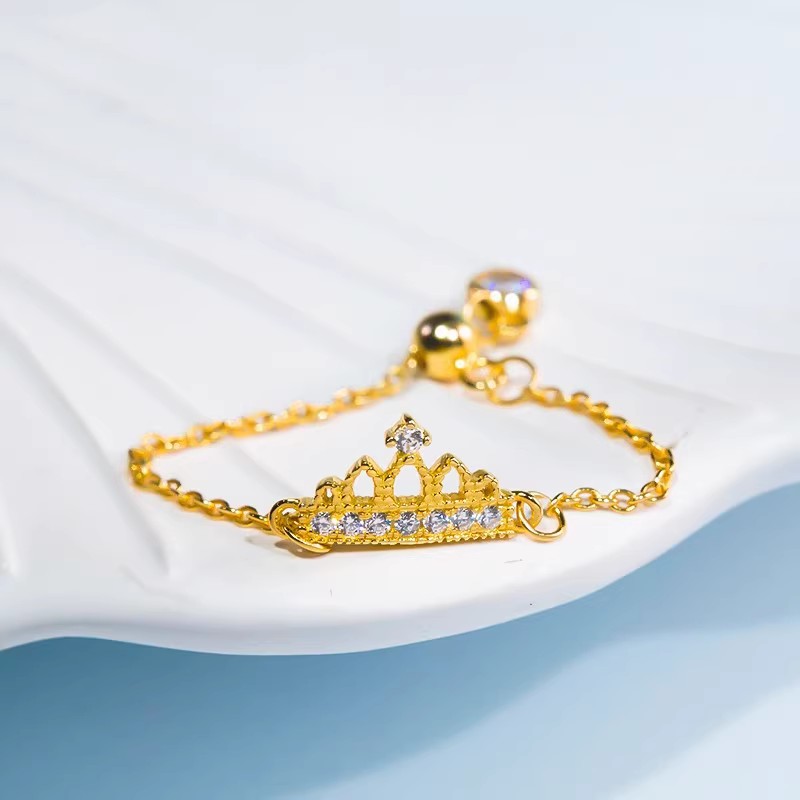 AU750纯18K黄金镶嵌美国进口D色莫桑石皇冠链条戒指可调节个性潮