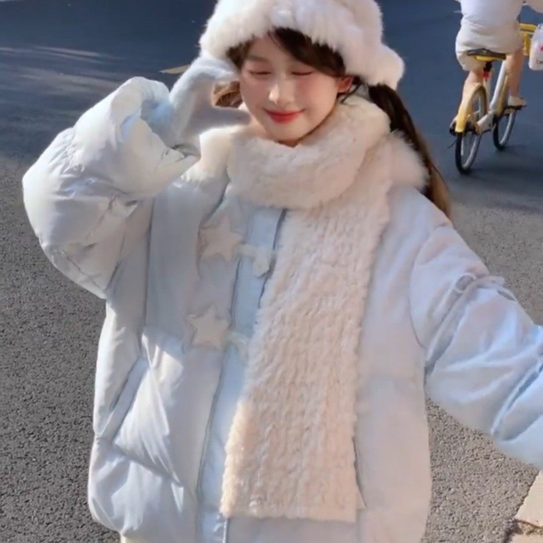 蓝色星星毛领连帽棉服外套女2025冬季新款加厚不臃肿宽松保暖棉袄,女装/女士精品,棉衣/棉服,淘宝优惠券,粉丝福利购,淘宝优惠卷