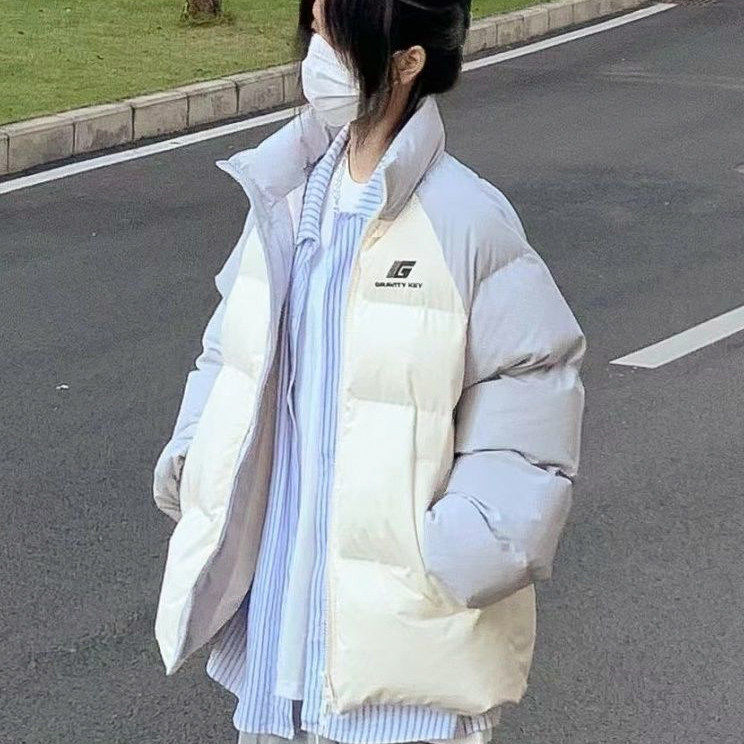 美式撞色羽绒服外套女冬日新款加厚面包服学院风设计感轻薄棉服