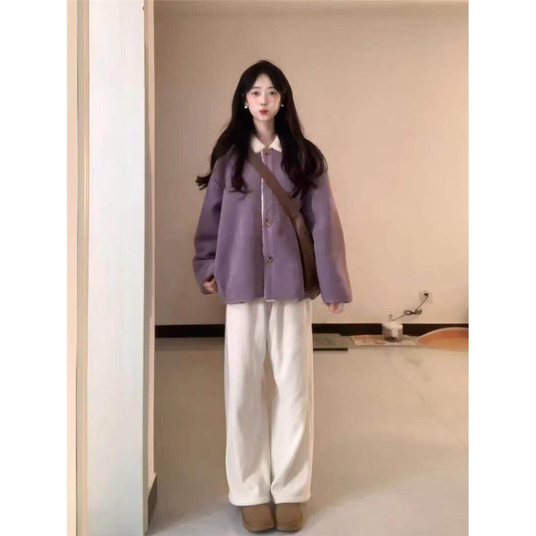 紫色冬季外套女2025新款宽松百搭麂皮一体翻领加绒加厚保暖羊羔毛