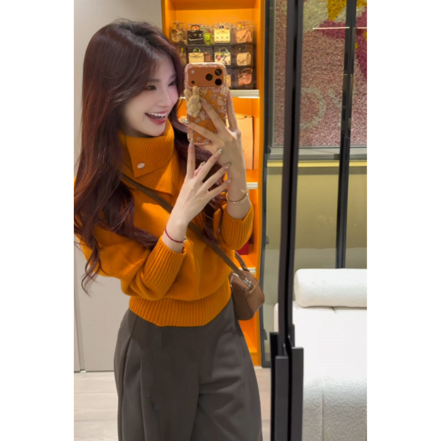 法式不规则设计感橘色高领套头毛衣女秋冬加厚保暖翻领针织衫上衣