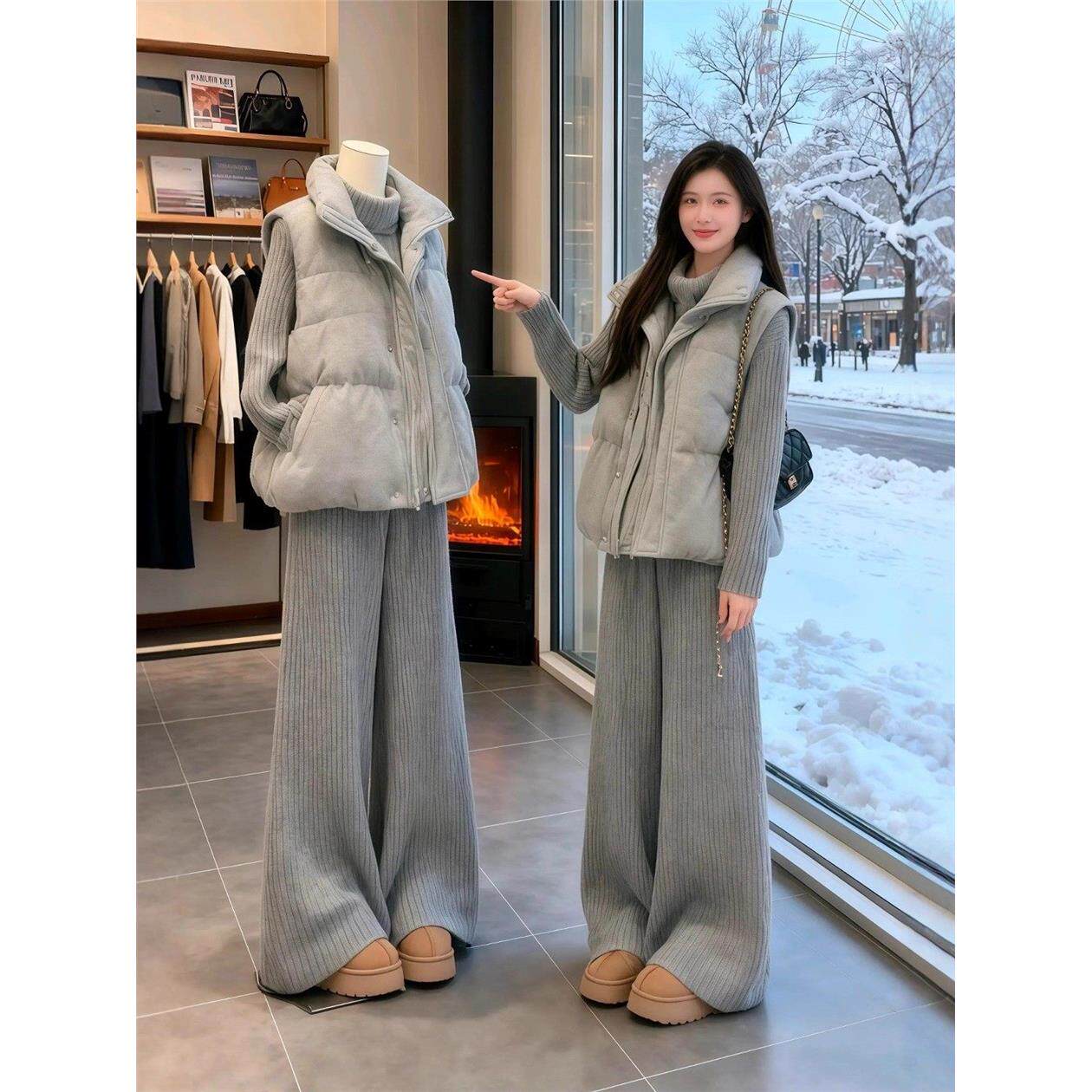 超好看韩式灰色羽绒棉马甲女士冬季新款加厚棉服马夹叠穿针织套装