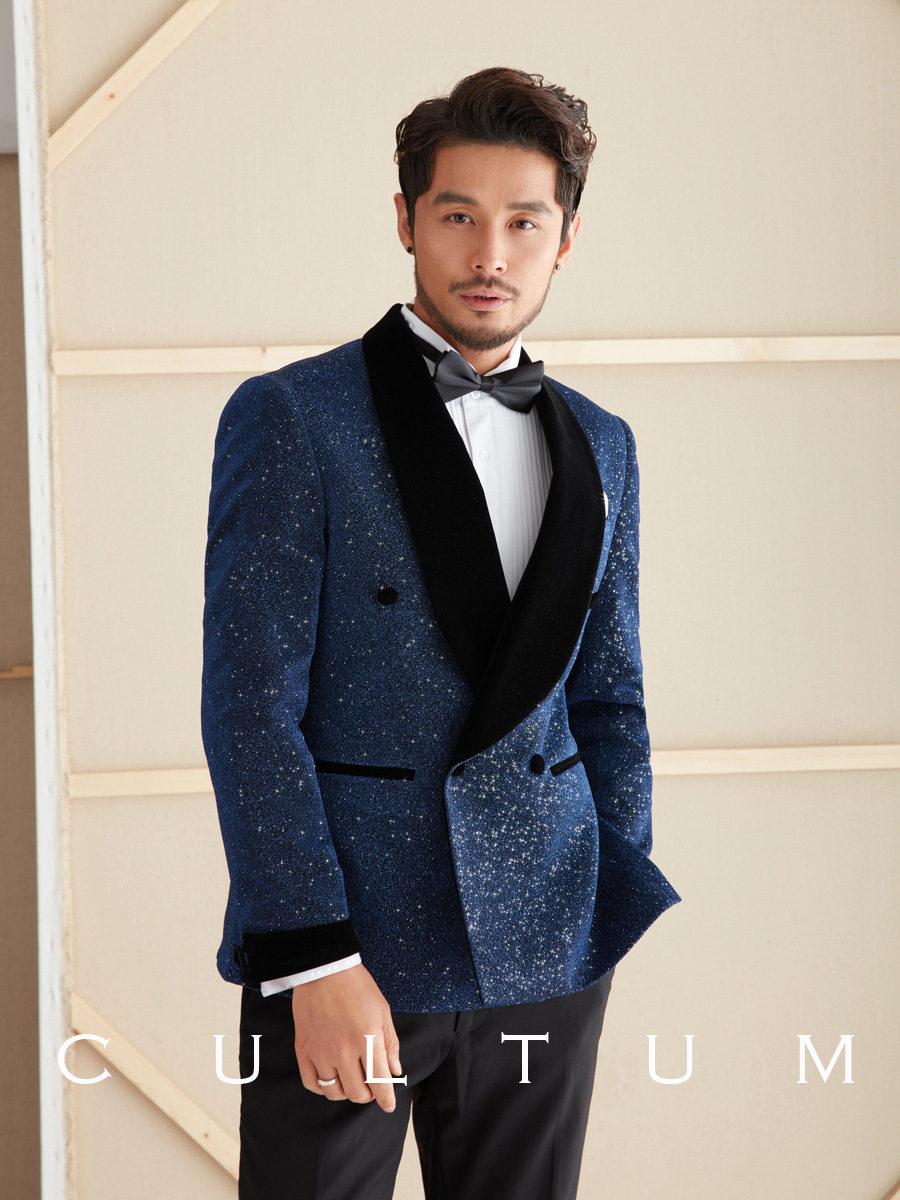 西服亮面宴会礼服套装男青果领双排扣主持新郎结婚西装两件套