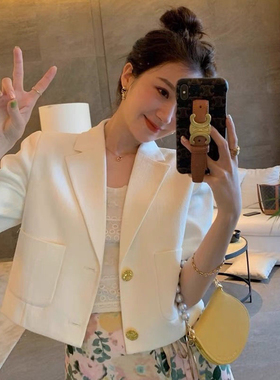 白色短袖西装外套女小个子2024年夏季薄款高级感休闲短款西服上衣
