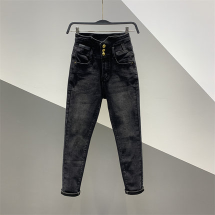 2026年春季新款高腰三粒扣牛仔铅笔裤女百搭修身显瘦弹力小脚长裤