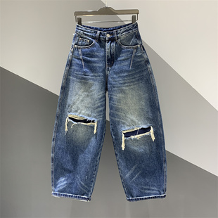 新款 长裤 个性 女百搭宽松做旧弯刀裤 破洞贴布牛仔哈伦裤 2026年春季