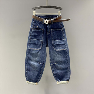 女 磨破百搭哈伦老爹长裤 2025春秋新款 高腰设计感大口袋宽松牛仔裤