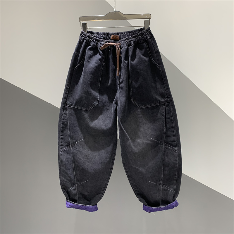 水洗做旧撞色牛仔哈伦裤女