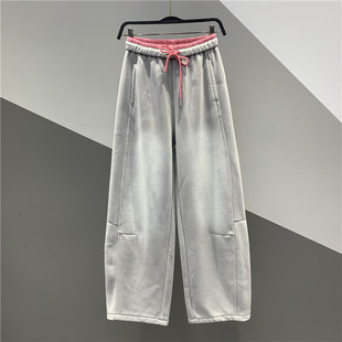 休闲拖地阔腿长裤 2025冬季 加绒卫裤 高腰系带撞色磨白脏脏裤 女 新款