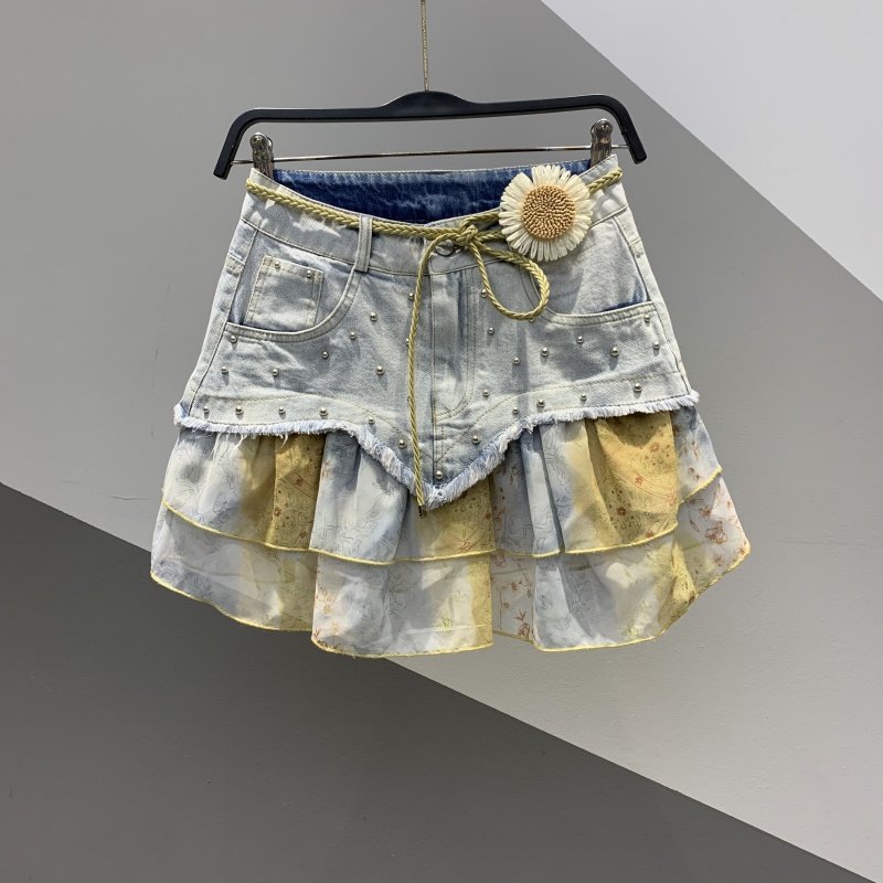 2026夏季新款高腰洋气钉珠牛仔拼接雪纺蛋糕短裙百搭a字半身裙女,女装/女士精品,半身裙,淘宝优惠券,粉丝福利购,淘宝优惠卷