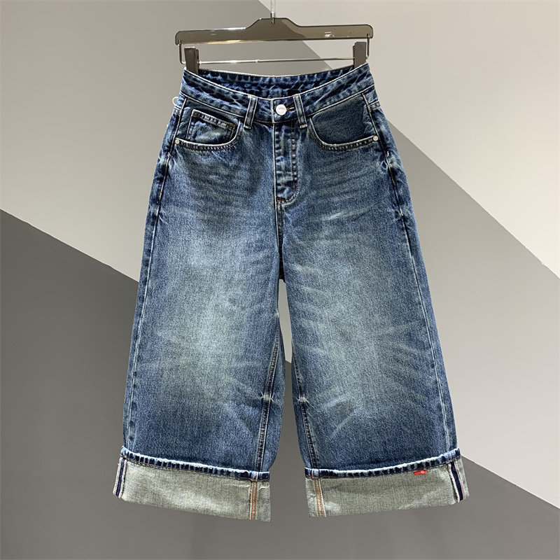 2026年春夏新款水洗做旧牛仔直筒裤女百搭宽松显瘦卷边八分阔腿裤