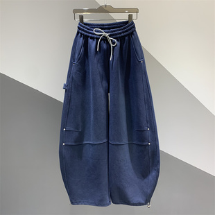 长裤 2026年春季 女百搭宽松拼接阔腿香蕉裤 松紧抽绳休闲弯刀裤 新款