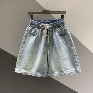 中裤 2026年夏季 女百搭宽松磨破阔腿裤 复古水洗抽绳牛仔五分裤 新款