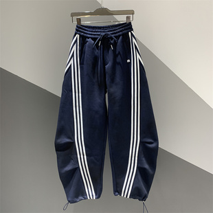 百搭宽松香蕉阔腿拖地裤 个性 新款 女2025年秋季 条纹设计休闲弯刀裤