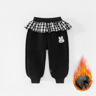 斑巴豆迪 冬季宝宝加绒加厚卫裤幼儿园女童荷叶花边外出休闲裤