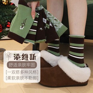 港维斯冬季 原创设计绿色系森系复古风袜子百搭舒适保暖中筒袜 新款