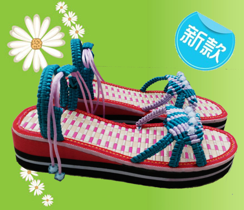 猪猪淘手工编织拖鞋 外穿新品 竹底坡跟防滑 日常凉鞋 女夏成品