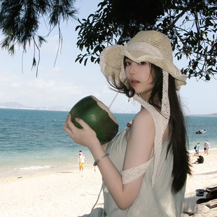 沙滩海边遮阳太阳帽拍照镂空草编织帽 防晒草帽子女士夏季 新款 法式
