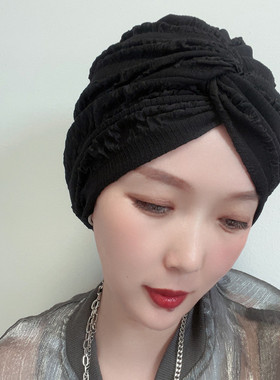 气质女帽黑色百搭包头巾西域风情头巾帽短发家居帽艺术时髦女帽
