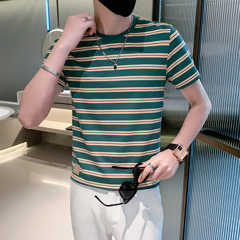 红夏装青年圆领条纹痞帅体恤男休闲上衣男士T301A-1/T38/P45,男装T恤,星座301A-1