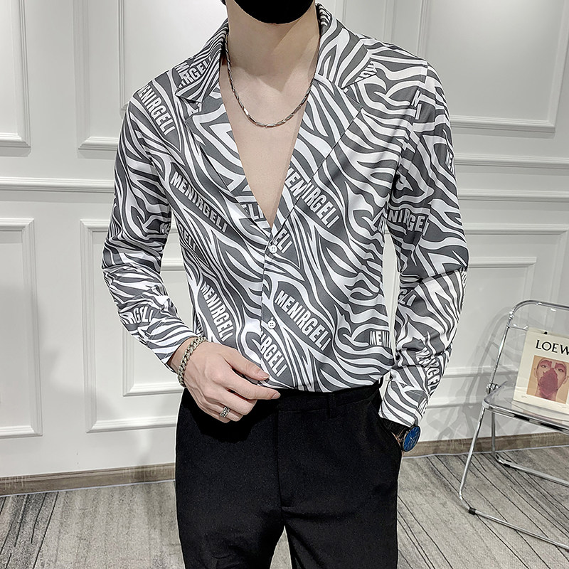 男痞帅西装领印花长袖衬衣潮流修身衬衫301A-1/CS291/P55M-5XL,男装衬衫,星座301A-1