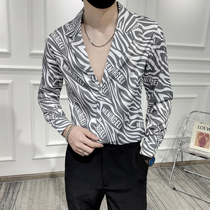 男 痞帅西装领印花长袖衬衣潮流修身衬衫301A-1/CS291/P55 M-5XL图片
