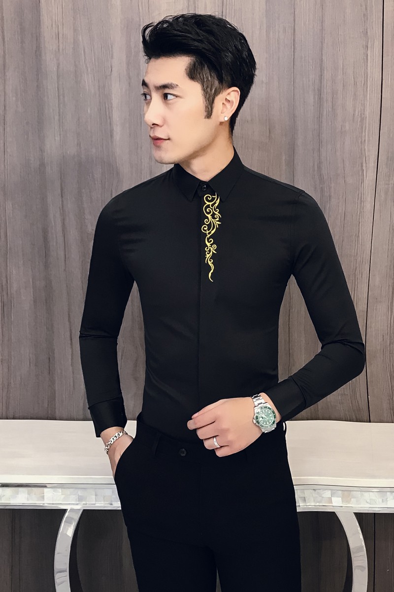 秋冬男士加绒复古绣花长袖衬衫韩版修身衬衣301A-1/CS58/加绒P65,男装衬衫,星座301A-1