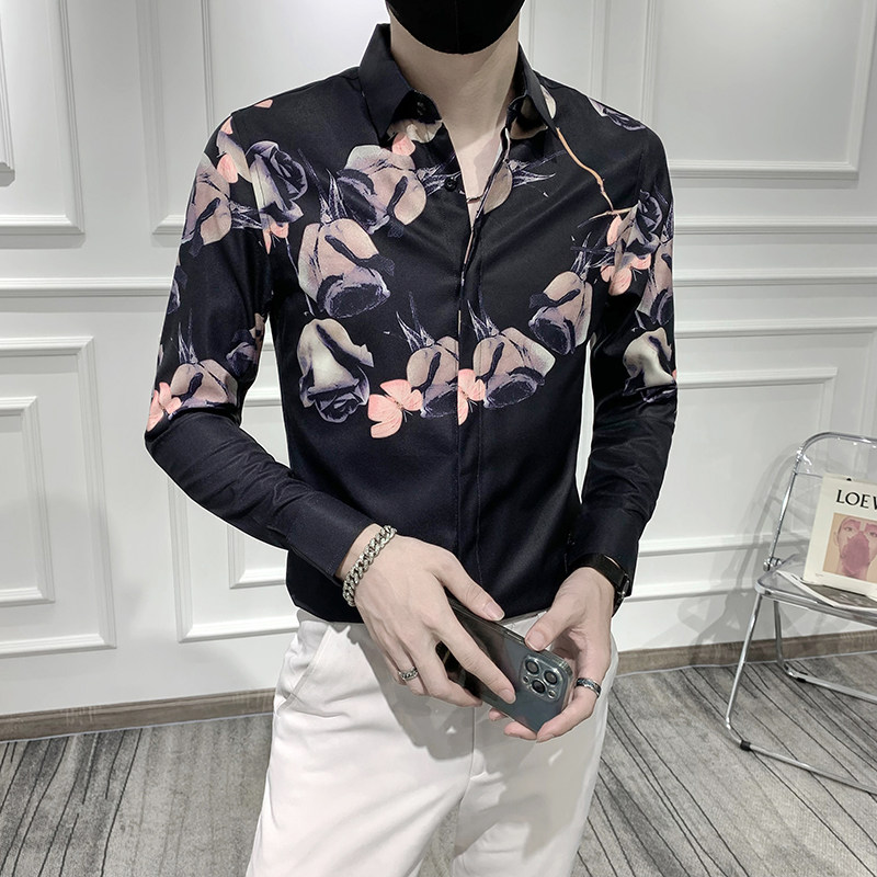 轻熟风男士印花长袖衬衣潮流修身衬衫301A-1/CS282/P55 M-5XL图片