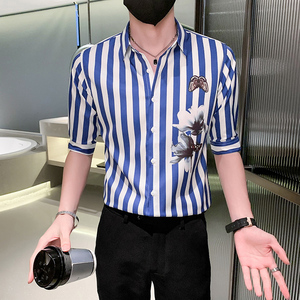 黑 痞帅男夏装中袖新款衬衫休闲印花寸衣男301A-1/CS362/P55图片