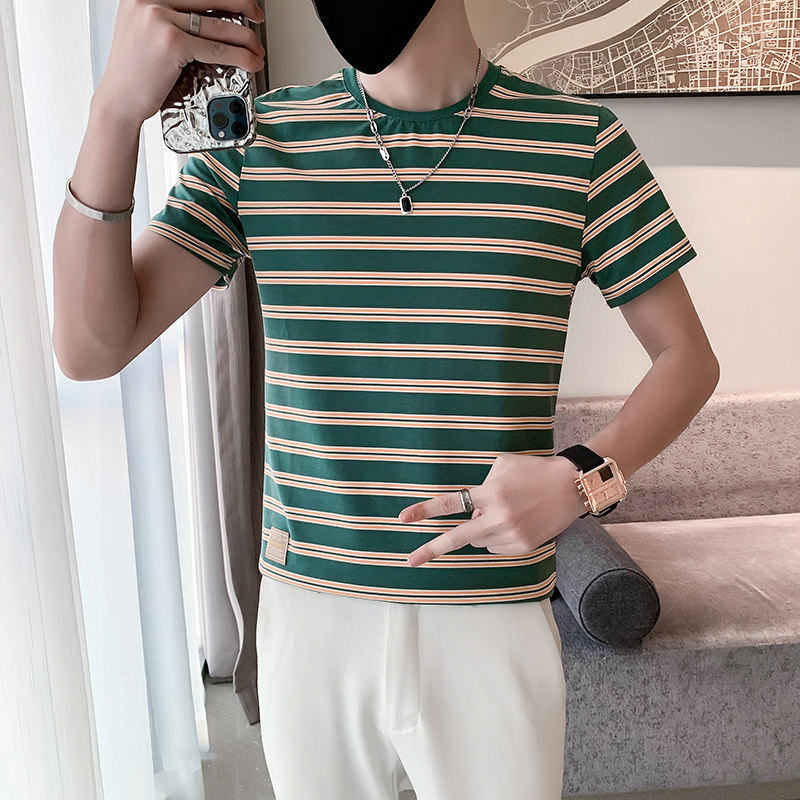 红夏装青年圆领条纹痞帅体恤男休闲上衣男士T301A-1/T38/P45,男装T恤,星座301A-1