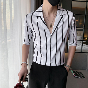 黑 夏季新款男士短袖条纹衬衫男西装领休闲寸衣301A-1/CS255/P55图片