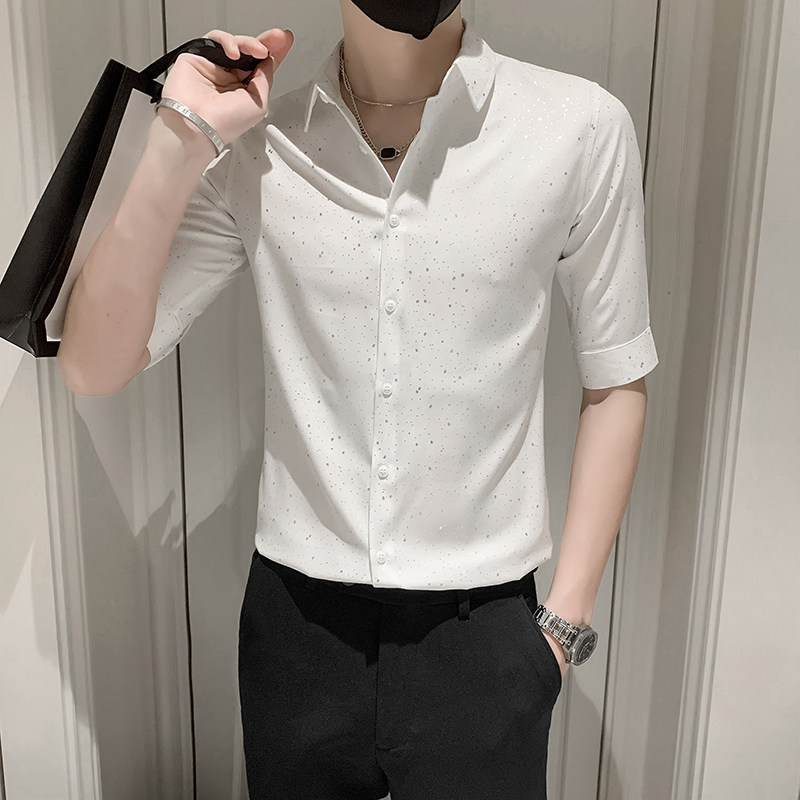 青年痞帅短袖印花衬衫男休闲修身衬衣男士上衣301A-1/CS351/P55图片