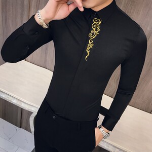 秋冬男士复古加绒绣花长袖衬衫韩版修身衬衣301A-1/CS58/加绒P65图片
