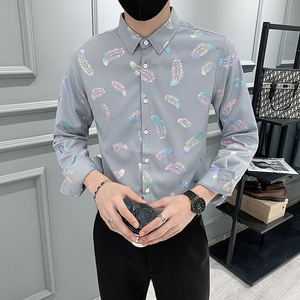 痞帅轻熟风品质印花长袖衬衣潮流修身衬衫301A-1/CS301/P55 M-4XL图片