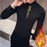 秋冬男士复古加绒绣花长袖衬衫韩版修身衬衣301A-1/CS58/加绒P65，男装衬衫，星座301A-1