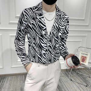 男 痞帅西装领印花长袖衬衣潮流修身衬衫301A-1/CS291/P55 M-5XL图片