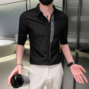 痞 夏季新款男士刺绣五分袖衬衫男休闲中袖寸衣301A-1/CS363/P55图片