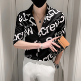 夏季男士西装领男士短袖衬衫青年印花休闲衬衣301A-1/CS251/P55黑，男装衬衫，星座301A-1