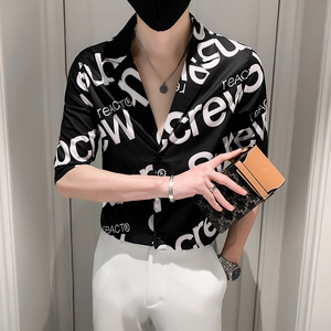 夏季男士西装领男士短袖衬衫青年印花休闲衬衣301A-1/CS251/P55黑图片