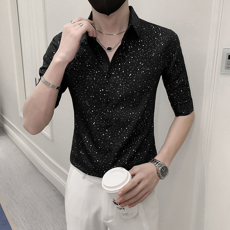 青年痞帅短袖印花衬衫男休闲修身衬衣男士上衣301A-1/CS351/P55,男装衬衫,星座301A-1