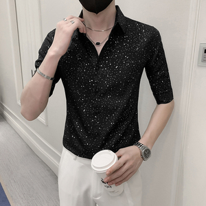 青年痞帅短袖印花衬衫男休闲修身衬衣男士上衣301A-1/CS351/P55图片