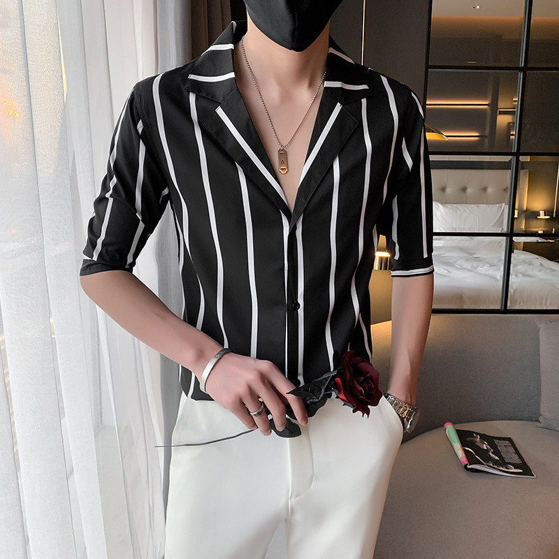 黑夏季新款男士短袖条纹衬衫男西装领休闲寸衣301A-1/CS255/P55,男装衬衫,星座301A-1