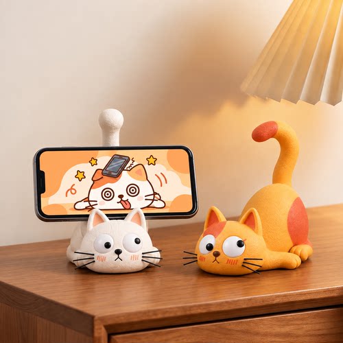 丑萌小猫咪手机支架治愈桌面摆件