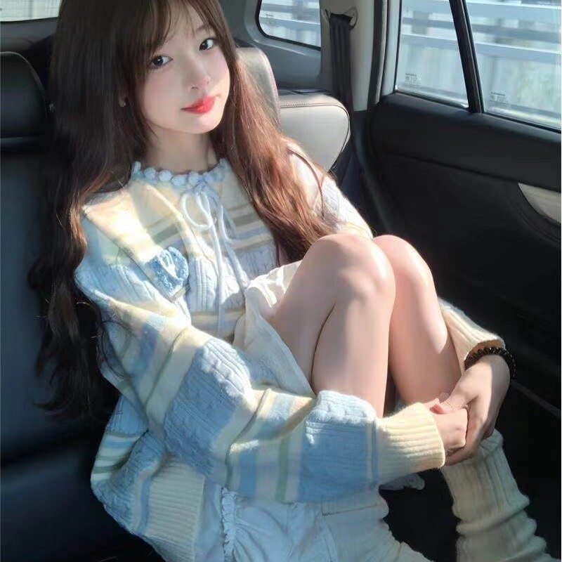 奶fufu甜妹软糯毛球毛衣蓝色条纹针织衫上衣宽松秋冬新款女慵懒风