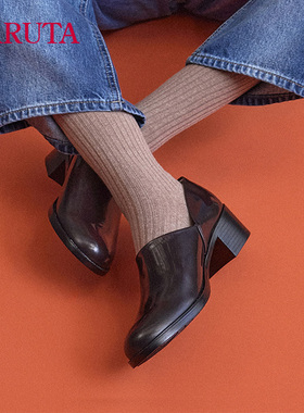 Haruta日系百搭476真皮女鞋新款Spock皮鞋复古一脚蹬中跟休闲鞋女